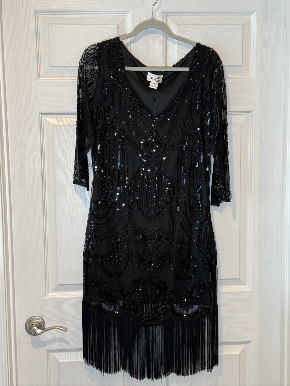 NWT Unique Vintage Black Sequin Fringe Midi Flapper Style Dress